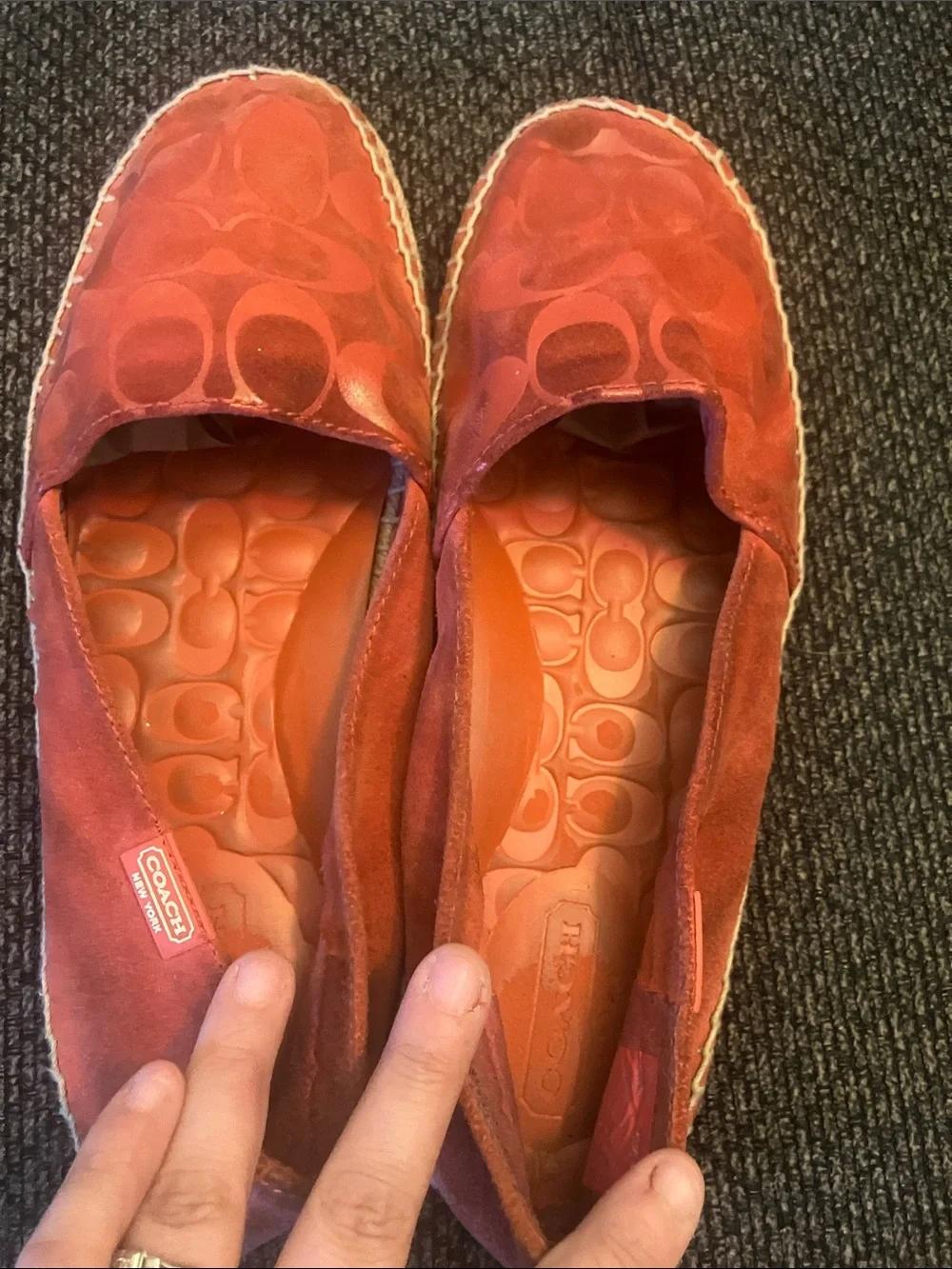 Coach “June” espadrille loafers red/coral suede upper signature logo 9.5